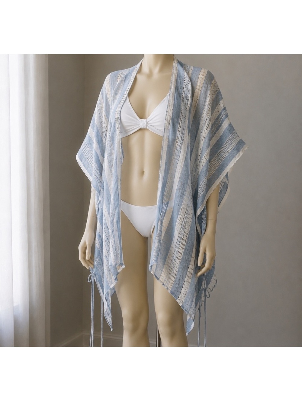 Mixit One Size Blue White Striped Kimono Poncho Cover Up Boho Sheer Drawstring